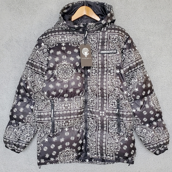 Crooks & Castles Other - CROOKS & CASTLES Paisley Bandana Puffer Coat M Medium Black Hooded Jacket Men's